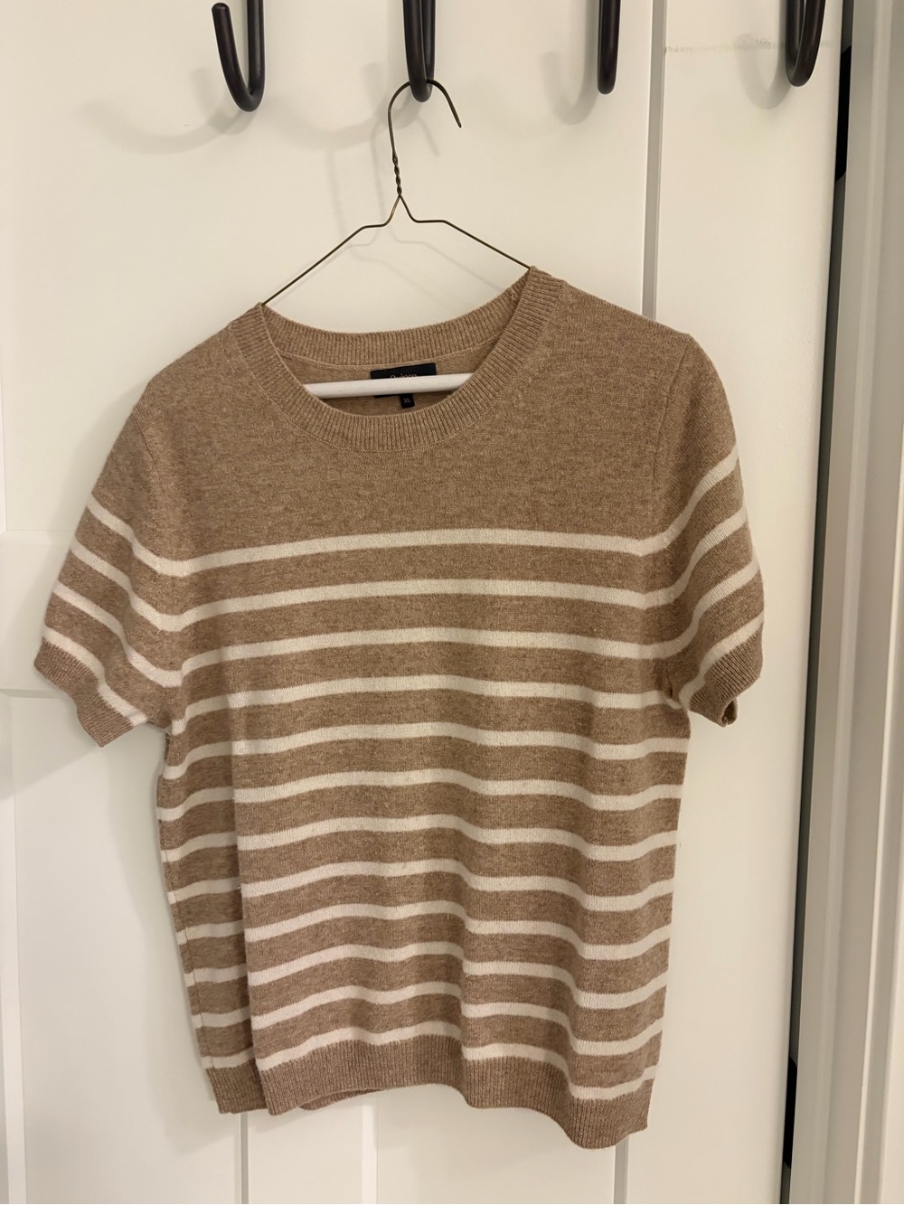 Quince Beige and Cream Striped Short-Sleeve Crewneck Sweater